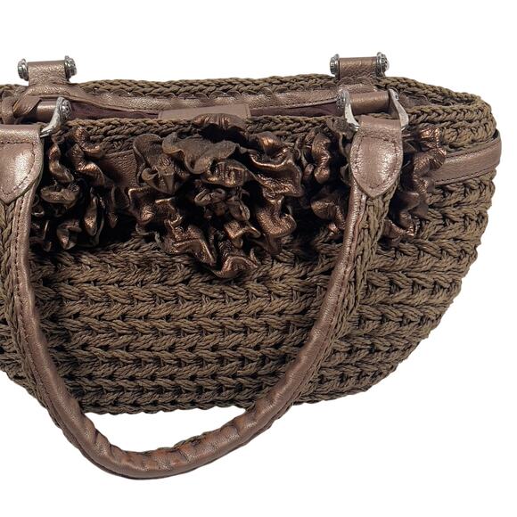 Brighton Brown Woven Straw Leather Trim 3D Flower Rose Handbag Satchel Vintage - Picture 1 of 16